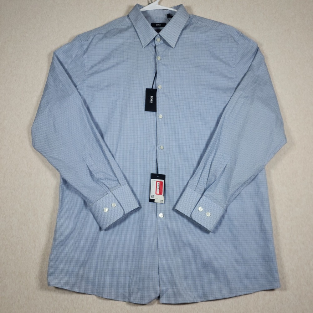 Hugo Boss Sharp Fit NWT Plaid Dress Shirt Mens 18 34 35 Blue Check Button Up